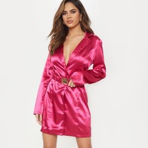 HOT PINK SATIN BELTED BLAZER DRESS